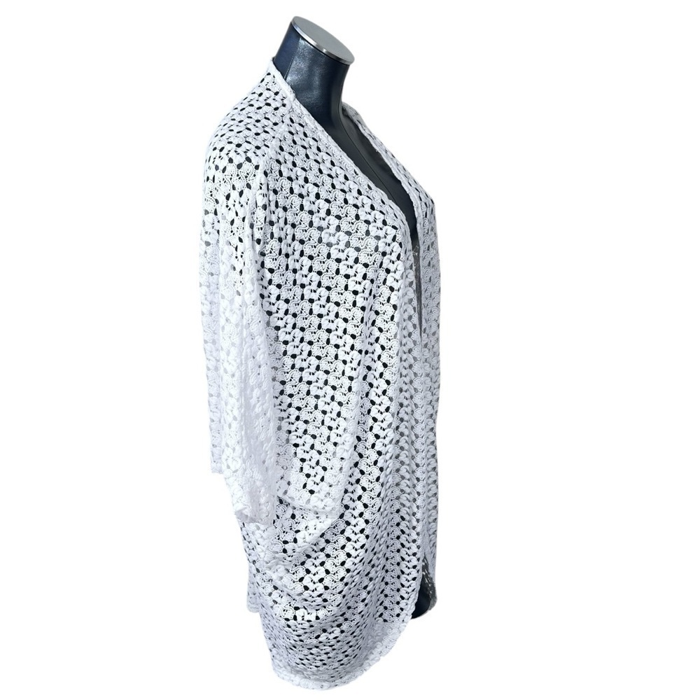 BOBEAU White Crochet Open Front Tunic Cardigan Swimsuit Cover-up Women's Size L - Picture 3 of 12